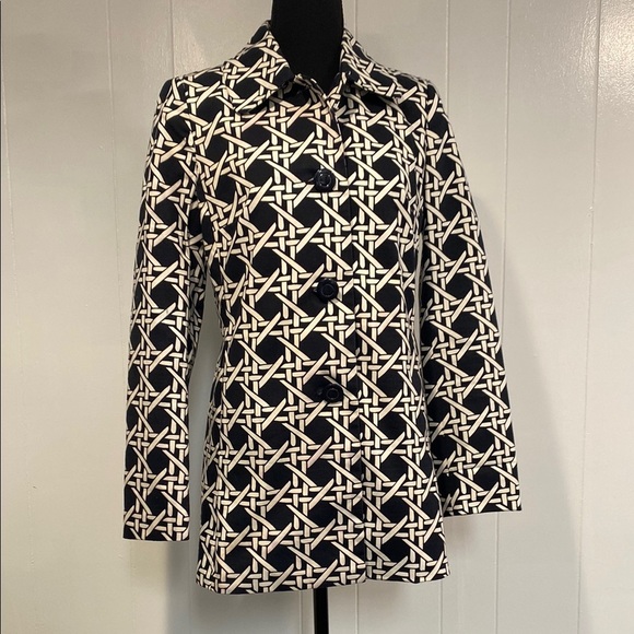 Banana Republic Trench Coat Jacket A-Line Geometric Navy White Size Small - Picture 1 of 14